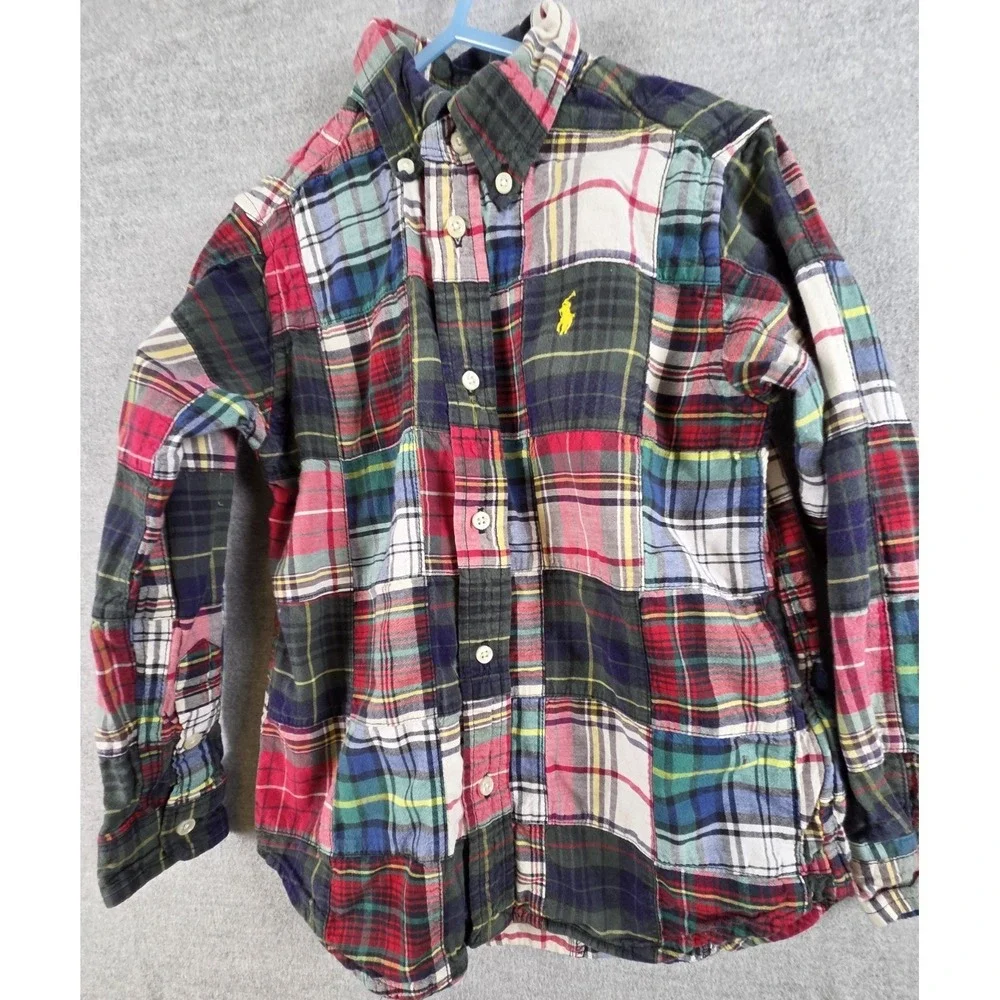 Ralph Lauren Polo Boys 5 Patchwork Plaid Shirt Long Sleeve Button Up Retro Y2K‎